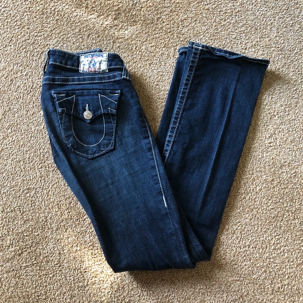 Blue true religion jeans with white seam